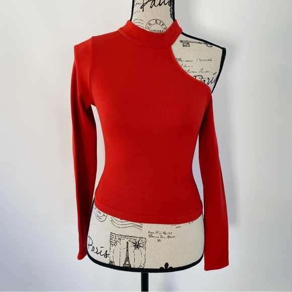 Tops - NEW Women Asymmetrical Off Shoulder Long Sleeve Bodycon Top Rust Red Orange S/M